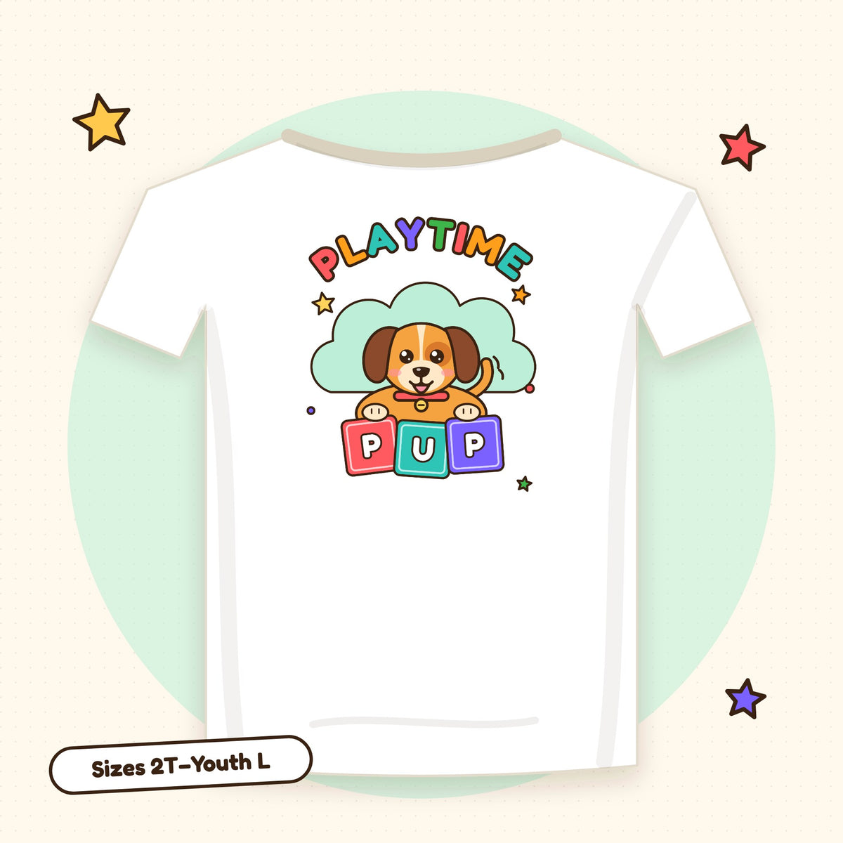 Playtime Pup kids' t-shirt in White with a cute puppy and ABC blocks spelling PUP