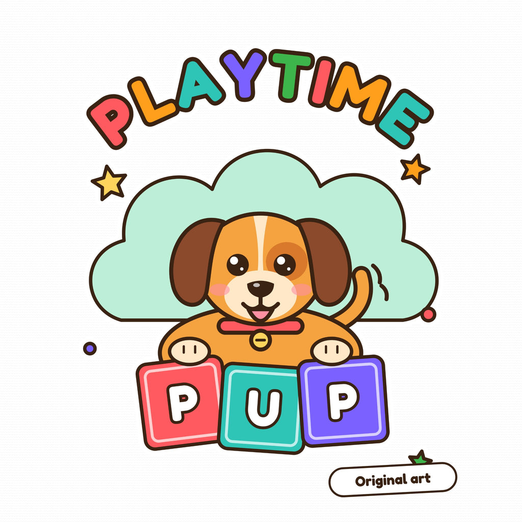 Close-up of the original Playtime Pup puppy graphic with rainbow PLAYTIME lettering
