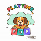 Close-up of the original Playtime Pup puppy graphic with rainbow PLAYTIME lettering
