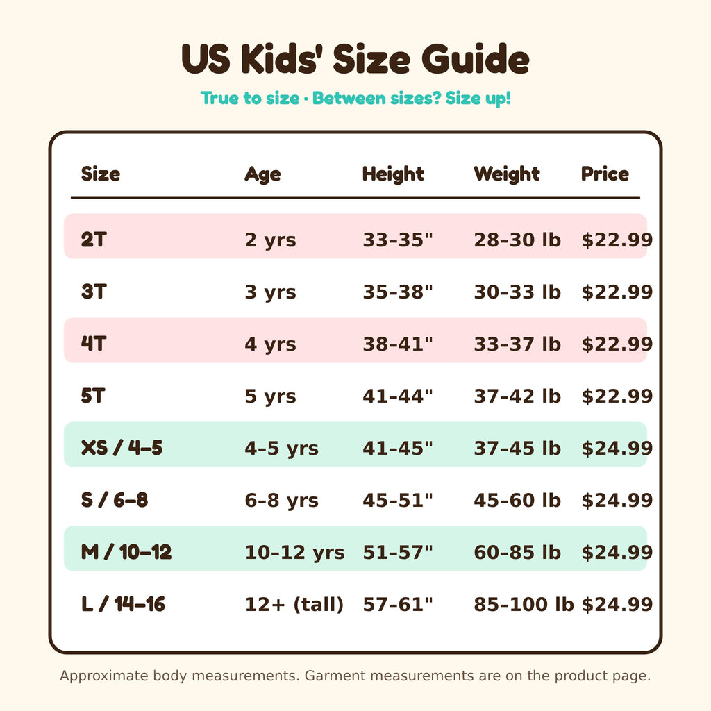 US kids' t-shirt size chart: toddler 2T to 5T and youth XS / 4–5 to L / 14–16
