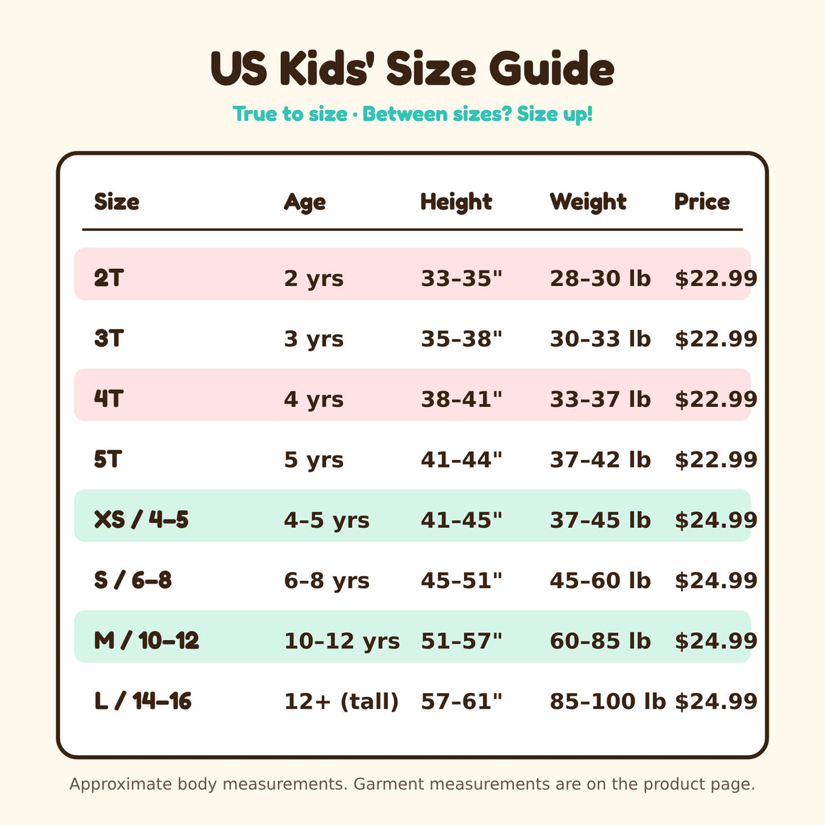 US kids' t-shirt size chart: toddler 2T to 5T and youth XS / 4–5 to L / 14–16