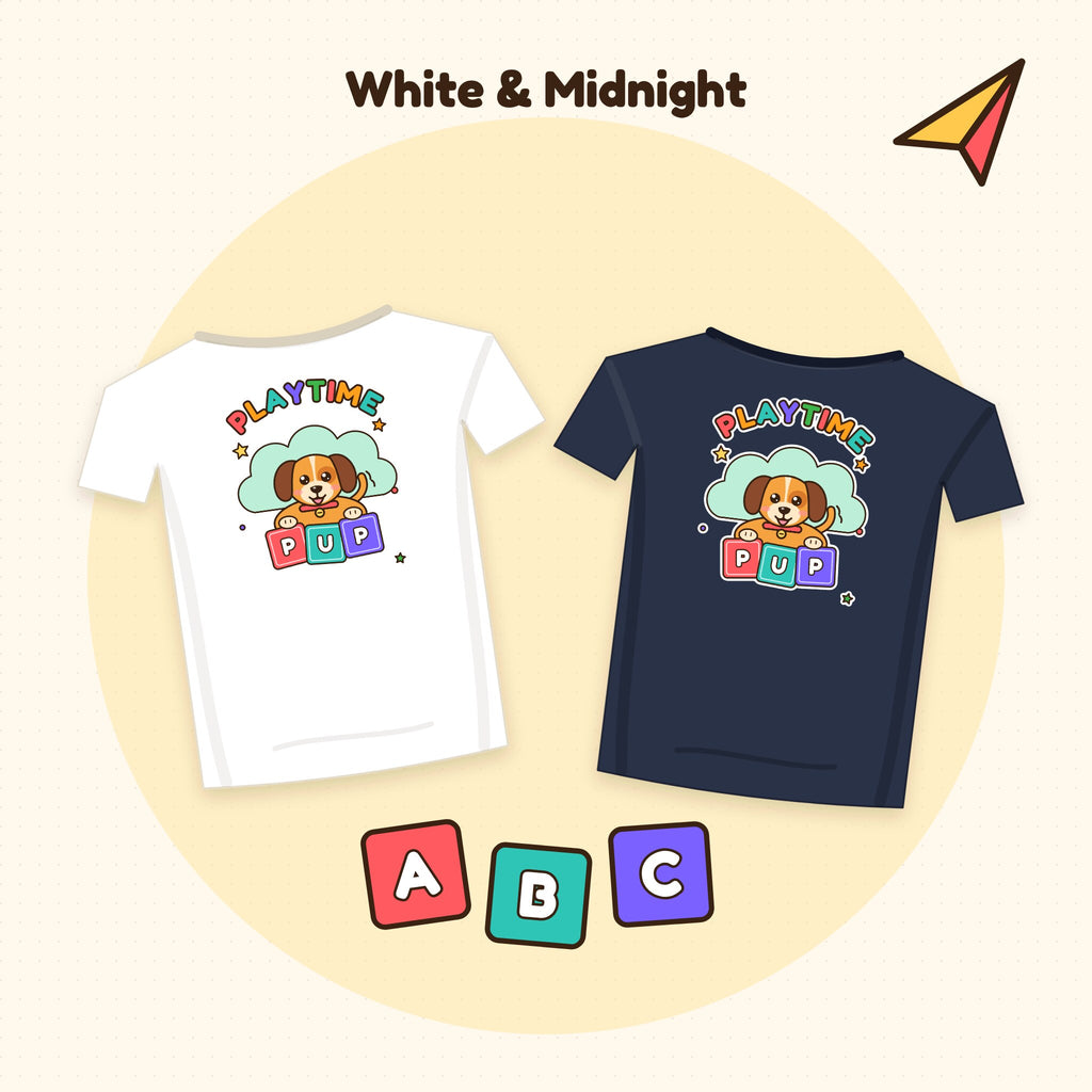 Playtime Pup kids' tees in White and Midnight with ABC blocks